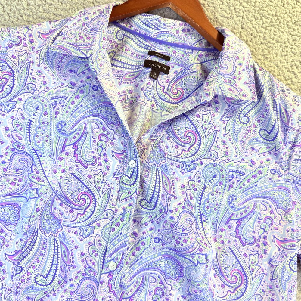Talbots Shirt Womens Button Up Blue Floral Paisley Non-Iron 16 Cotton/Spandex